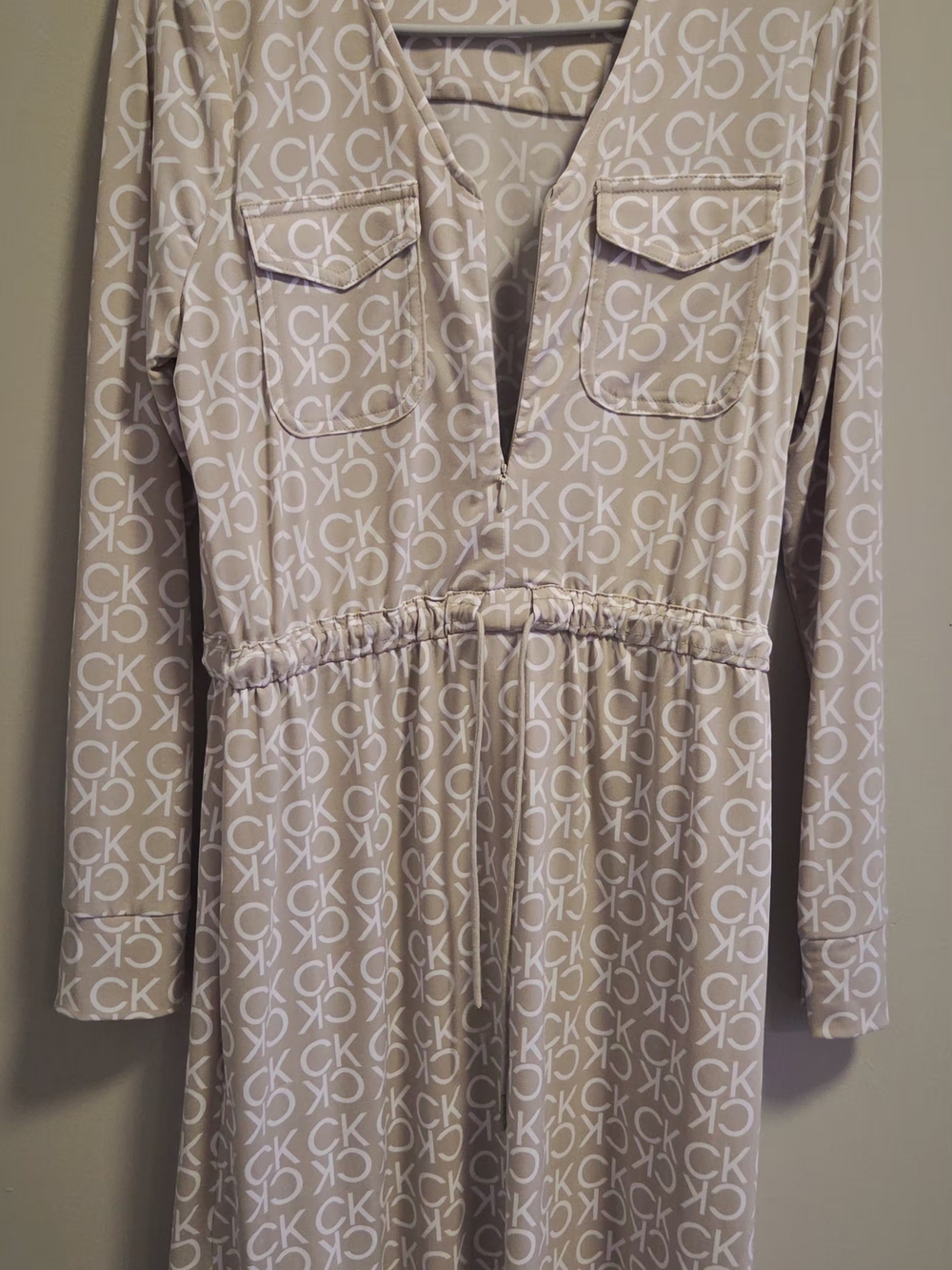 Calvin Klein Beige Logo-Print Long Sleeve Dress